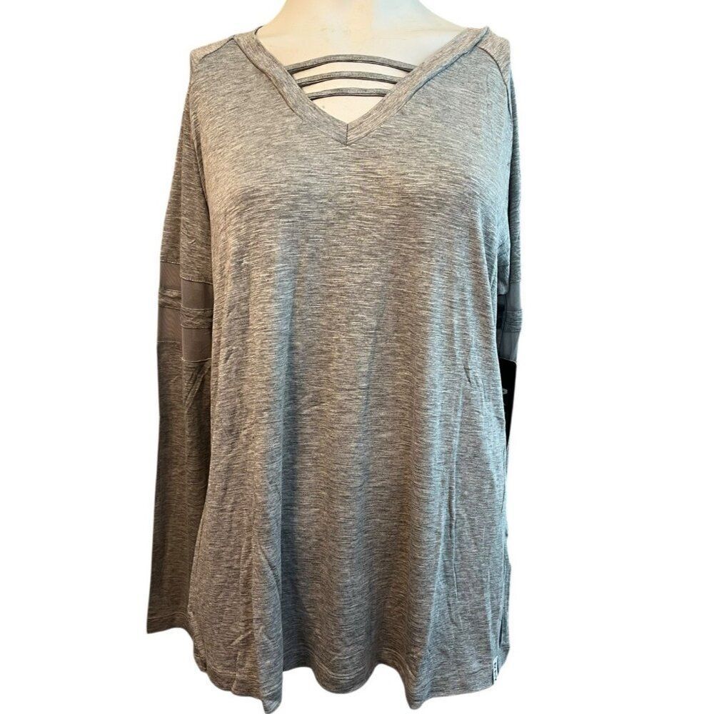 Marc New York Womens XL Gray Mesh Detail Long Sleeve Top Lightweight V Neck NWT